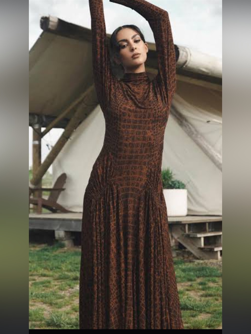 Proenza Schouler Brown and black crocodile animal print Long-Sleeve Maxi Dres